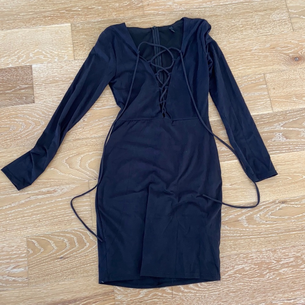 Black Cross Up Suede Mini Dress
